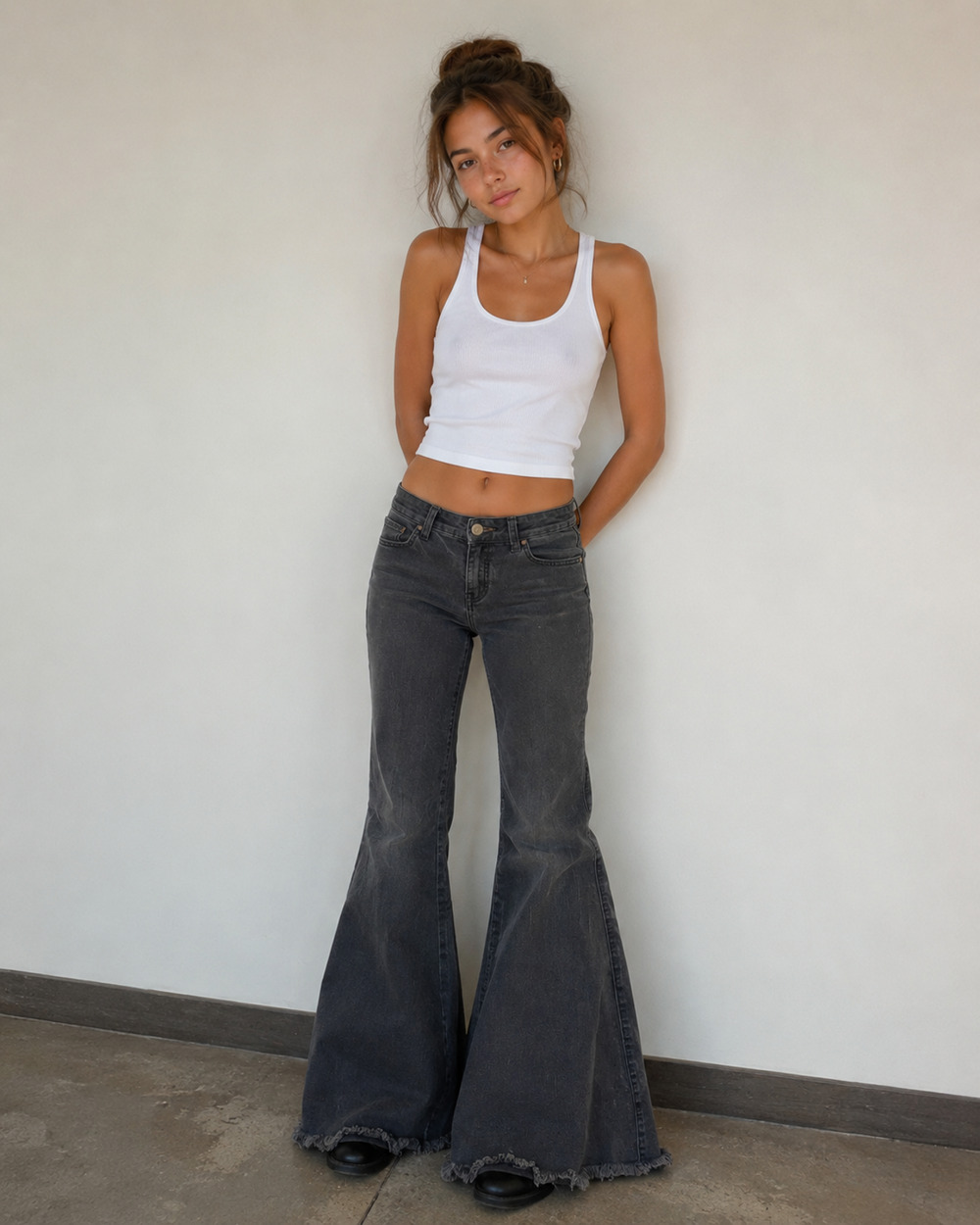 Women Free People Bell Bottom Jeans Gray Denim Flare Raw Hem High Waist Retro 29